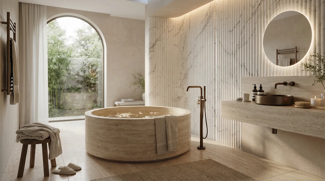 Yekpare traverten küvetli, mermer duvarlı spa banyo
